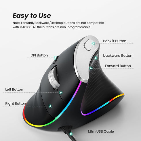 Nulea M504 Wired Vertical Mouse, USB Optical Ergonomic Mouse with 4 Adjustable DPI, 11 RGB Backlight Modes, Black
