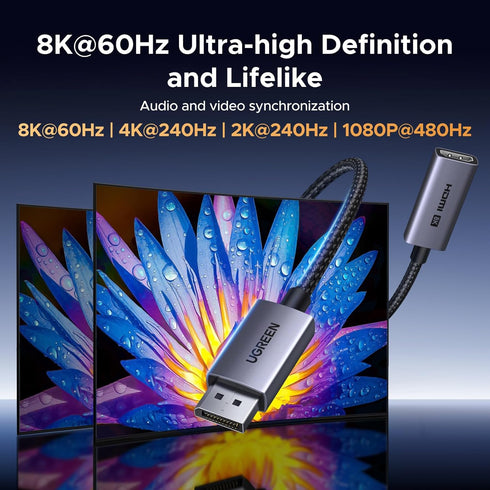 UGREEN 8K@60Hz 1.4 2.1 4K@240Hz/2K@240Hz 0.66FT Active Display Port to HDMI Adapter, Unidirectional DP PC to HDMI