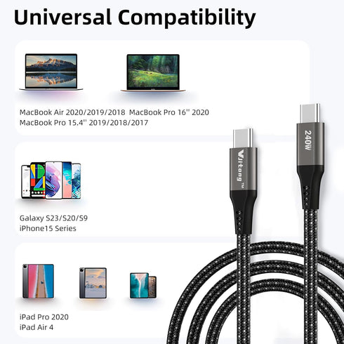 USB C to USB C Cable 240W, Nylon USB2.0 3.3FEET, 480Mbps Data Transfer, 5A Fast Charging for iPhone 15 Series, Samsung