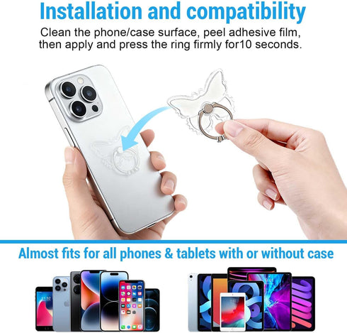 Kinizuxi 2PcsTransparent Diamonds,360Rotation Phone Ring Holder Grip, Clear Butterfly Cell Phone Ring Holder Stand