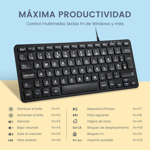 Perixx PERIBOARD-432 Mini USB Keyboard with Cable, Type X Scissor Keys, Large Print Letters, Spanish QWERTY