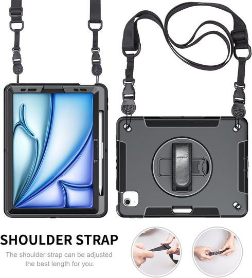 Protective Case for iPad Air 6th Generation 11-inch M2 2024, with Kickstand/Hand Strap/Shoulder Strap/Pencil