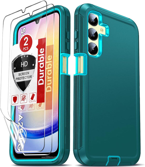LeYi Samsung Galaxy A25 5G Phone Case, Teal Blue Heavy Duty 3 in 1 Full Body Shockproof Protector with 2Pcs HD Screen