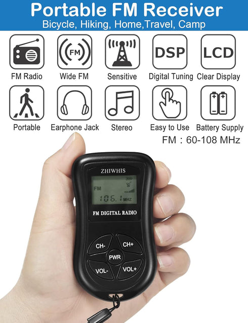 ZHIWHIS Mini Portable FM Radio, Stereo LCD Digital Display Pocket Walkmen Receiver with Earphone, AAA Battery Operated