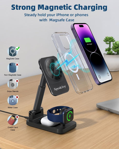 3 in 1 Foldable Wireless Charging Station for Apple Products, Adjustable Phone Charger Stand, Travel Dock for