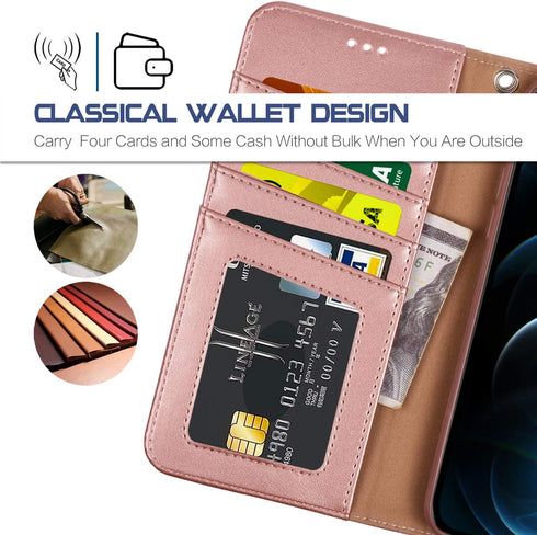 Arae Case for iPhone 12 Pro Max, Wallet Case Flip Cover with Card Holder, 6.7 inch (Rose Gold)
