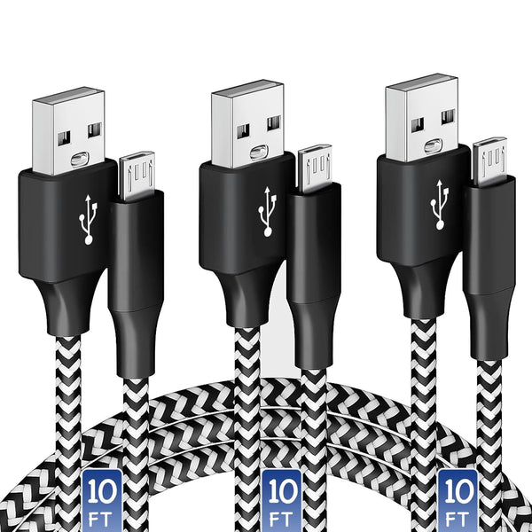Micro USB Charging Cable 10/10/10FT, 3 Pack Nylon Braided Charger Cables for Samsung, Nexus, LG, Smartphones, Tablets