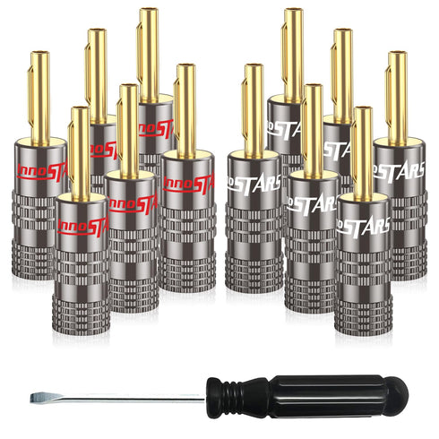 Speaker Banana Plugs (12 Pcs, 6 Pairs), 24K Gold Plated Connectors for Speaker Wire, Pin Plug Closed Dual Screw Type