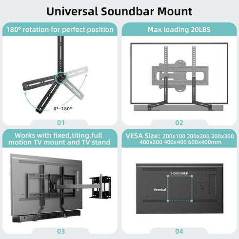 Soundbar Mount Bracket for Most Sound Bars Up to 20 Lbs, Adjustable Extension Plates and L-Shaped Hooks