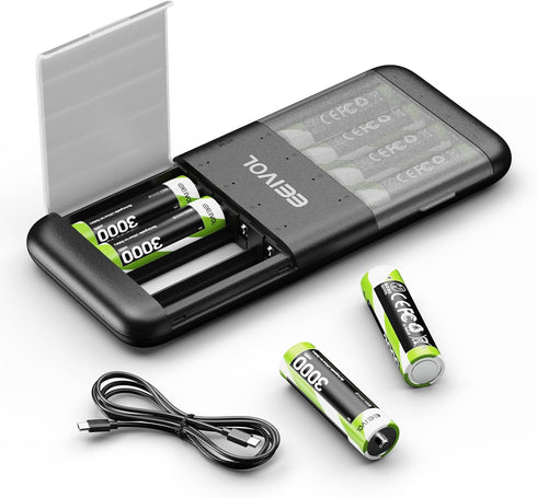 GrnOas.E Black Charger with 8-Pack 3000mWh Lithium-ion AA Rechargeable Batteries, 1.5V, Independent Slots,
