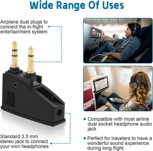 Airplane Headphone Adapter with 2.5mm to 3.5mm Male Audio AUX Cable, Golden Plated 3.5mm Jack for Airplane
