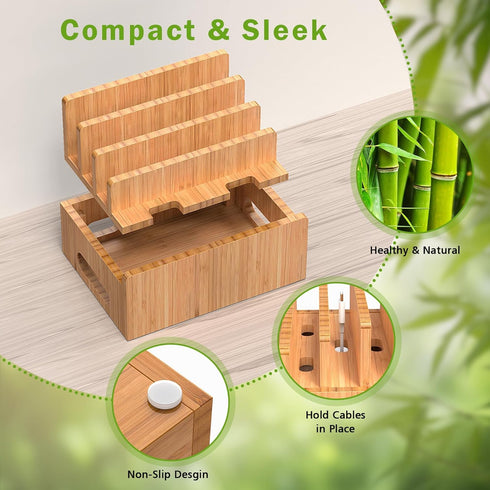 Pezin & Hulin Bamboo Charging Station Organizer for Multiple Devices, Desktop Docking Station for Phone, Tablet,
