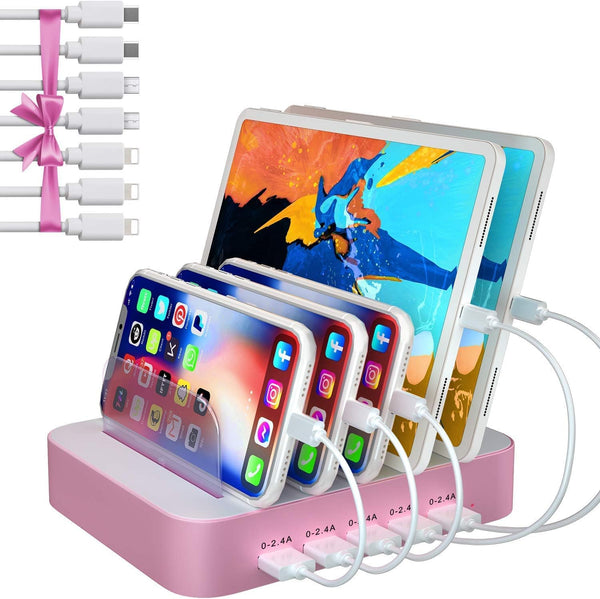 USB Charging Station Dock, 5 Port with 7 Short Mixed Cables, Designed for iPhone, iPad, Cell Phones, Light Pink