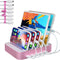 USB Charging Station Dock, 5 Port with 7 Short Mixed Cables, Designed for iPhone, iPad, Cell Phones, Light Pink