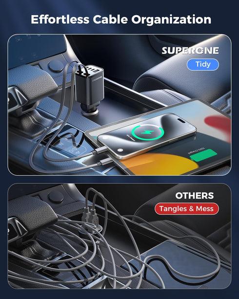 SUPERONE 99W 17 16 15 14 13 12, Retractable Car Charger, Car Phone Charger with Cables Fast Charging, USB C Car Charger