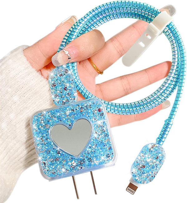 Bling DIY Cable Protector for iPhone Power Adapter, Cute Sparkle Love Heart Design, USB Case Wire Cable Saver (Blue)