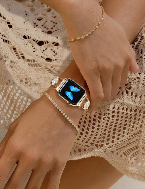 CTYBB Sparkle Diamond Band for Apple Watch 42mm 44mm 45mm Series 1-9, Cute Lucky Clover Dressy Wristband, Gold/White