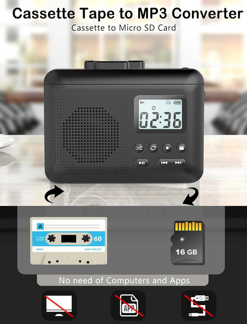 Gracioso Cassette Player,Cassette MP3 Cassette 1000mah Jack,16GB Portable to via SD Card, Walkman Tape Player