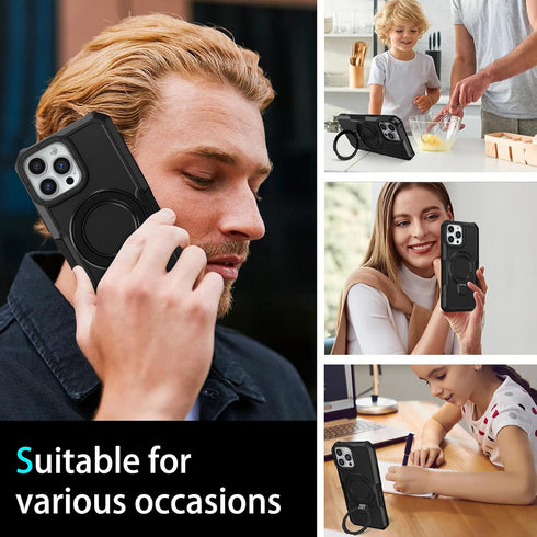 iPhone 13 Pro Case - Black, MIL-Grade Shockproof, Dual Layer, Built-in Stand & Ring Holder, Compatible with MagSafe.