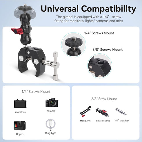Mechrig 360 1/4"-20 3/8"-16 (SJ019) Camera Clamp Mount with Dual Ballhead Magic Arm, Double Ball Head Adapter
