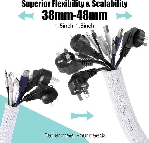 AGPTEK White Cable Sleeve Cover, 2 Pack 5ft - 1.8 inch Cord Management Wire Organizer Under Desk, Home Office Computer Wire Cover Hider Cord Protector, Protect Pet Cat from Chewing, White