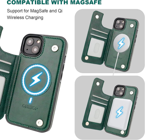 OT ONETOP 13 6.1 Inch ONETOP Compatible with Magsafe for iPhone Wallet Case with Card Holder, PU Leather Kickstand RFID