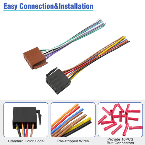 ISO Stereo Wiring Harness Kit with 16Pin Power Speaker Adapter, Car Radio Wire Harness Butt Connector
