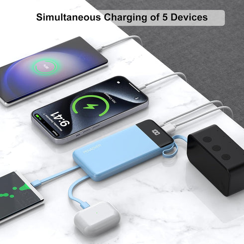 penaover 10000mAh 5 2 Pack 17/16/15/14 Portable Charger Power Bank with Built-in Cable, Output Input Travel Essential