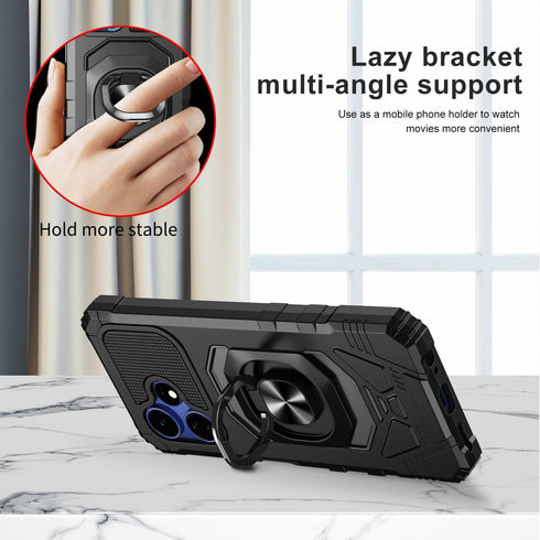 TJS Heavy Duty Celero 5G + Plus 2024 Case with Tempered Glass Screen Protector, Metal Ring Kickstand - Black