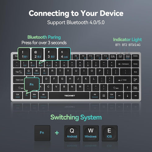 TECKNET 4-Device (2.4G+3BT) 14 Bluetooth Keyboard Rechargeable, Wireless Keyboard, Ultra-Slim Quiet Typing, Hotkeys