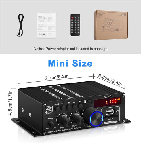 Bluetooth 5.0 Audio Power Amplifier AK-380 - 400W+400W 2.0 CH HiFi Stereo Amp Receiver with USB, SD, AUX, Remote