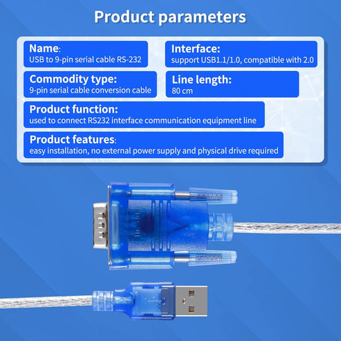 USB 2.0 to Serial 9-Pin RS232 Adapter, DB-9 USB to Serial Converter Cable, Supports Windows 7/8/10/11/32/64/XP