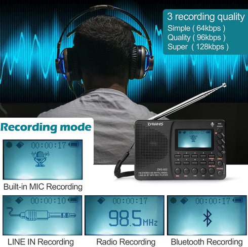 ZHIWHIS Portable Bluetooth Radio, Rechargeable Digital Recorder, FM AM Shortwave, Stereo MP3 Player with Lyric Display