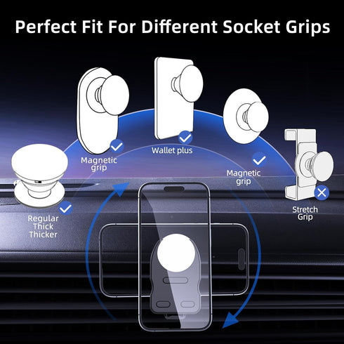 Socket Car Mount for Dashboard Air Vent Windshield,Car Phone Holder for Socket Grip with 2 Mounts,3 in 1 Stable Air Vent Clip Powerful Suction Cup Phone Holder Fit for All Car