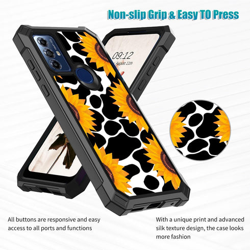 Shop Motorola Moto G Play 2023 Case with Glass Screen Protector, Heavy Duty PC & TPU, Shockproof - Cow Print Sunflowers.