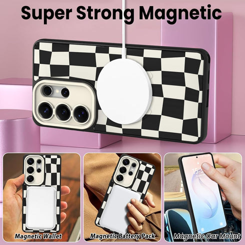 SOKAD S26 Magnetic Checkered Case for Samsung Galaxy Ultra with Finger Strap Kickstand, Compatible with Magsafe, Cute