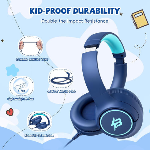 85/94dB 3.5mm Kids Headphones Wired for School, Volume Limit, Wired Over Ear Headphones for Kids Boys Girls