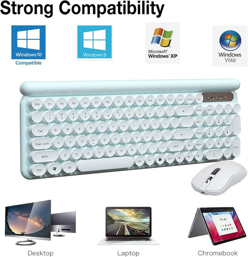 Rechargeable Keyboard and Mouse Combo, 2.4Ghz Wireless Retro Mute Set for Laptop Desktop PC, Light Green