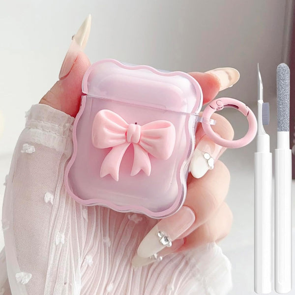 Cute AirPods 2/1 Generation Clear Case, Kawaii 3D Bow Design Soft TPU Protective Cover with Cleaner Kit & Keychain -