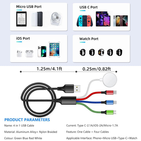 5FT/1.5M Multi Charging Cable for Apple Watch Charger Travel Nylon Braided USB C Micro USB Lightning Compatible with