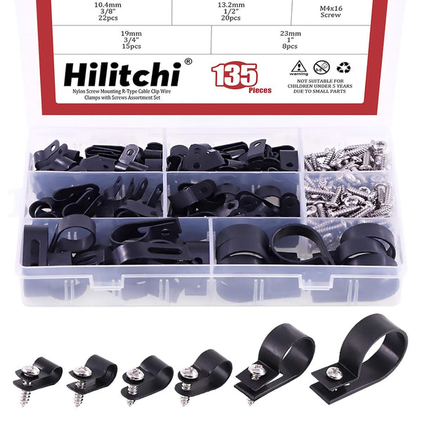 Hilitchi 135 Pcs Black Plastic Cable Clamp R Type, Screw Mounting Cord Fastener Clips Assortment Kit