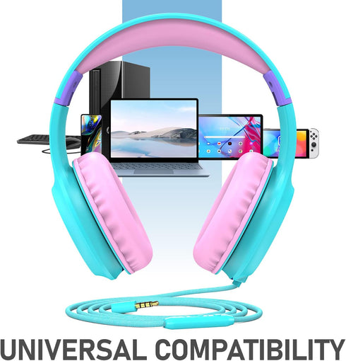 FosPower Kids Headphones, Safe Volume Limit 85 dB, Over The Ear with Built-in Mic, Tangle-Free Cable, Mint/Pink
