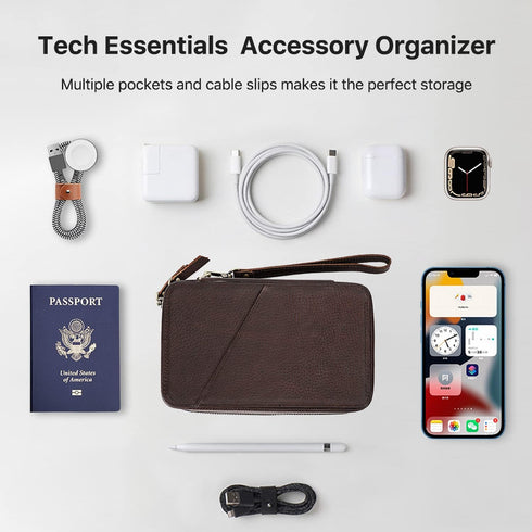 Electronic Organizer Case Tech Kit, Handmade Leather, Portable Travel Storage for Phone, USB Cables, Chargers