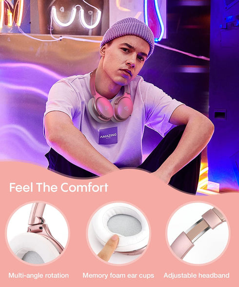 Headset, 90H Gift-H1 INFURTURE Pink Headphones Over Ear Headphones Active Noise Cancelling Bluetooth Headphones, Deep