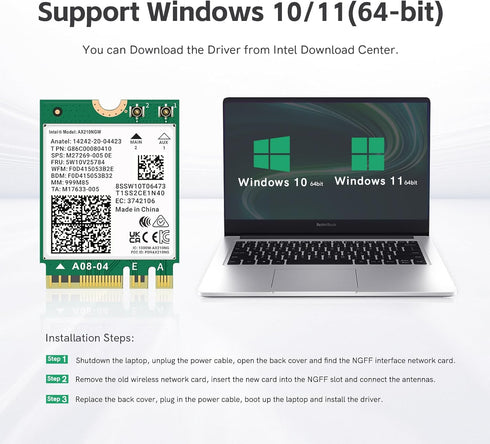 WiFi 6E AX210 NGW Wireless Card - M.2 2230/NGFF WiFi 6E Laptop Module with Bluetooth 5.3, 5400Mbps Tri-Band AX210 WiFi
