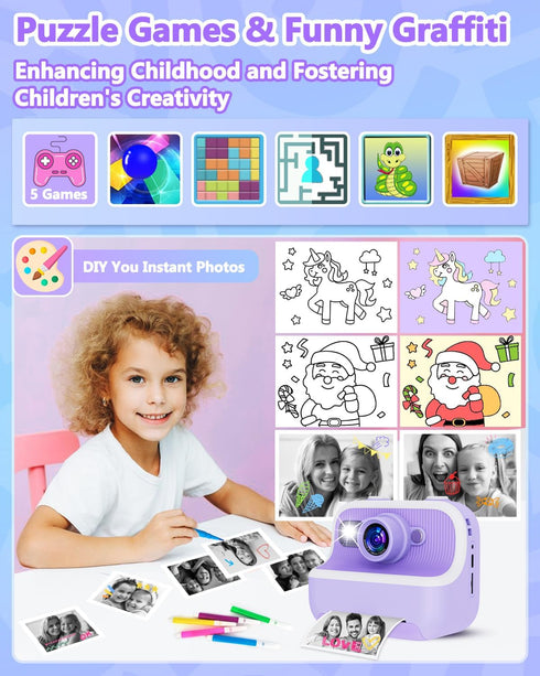 Instant Print Camera for Kids, Christmas Birthday Gifts, Dual Camera 1080P Digital Toys for Ages 4-10 with 32GB Card