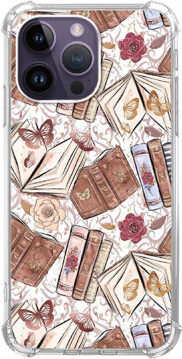 Aesthetic Butterfly Book Phone Case for iPhone 14 Pro, Vintage Brown Book Trendy Cool Girl Boy Silicone Shockproof TPU