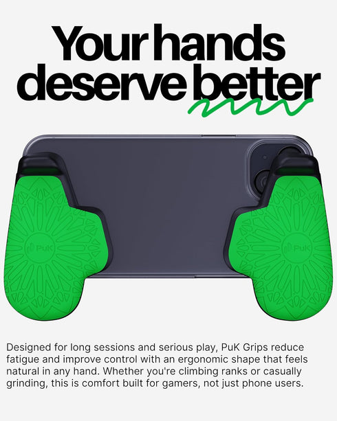 PUK Phone Gaming Grip - Black & Green Ergonomic Mobile Game Handle with Adhesive Pads - Mobile Game Controller Grip