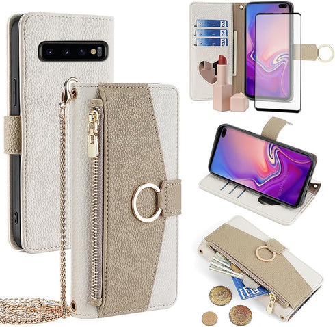 Asuwish Wallet Phone Case for Samsung Galaxy S10 Plus - Mirror Flip Cover, Screen Protector, Card Holder, Crossbody