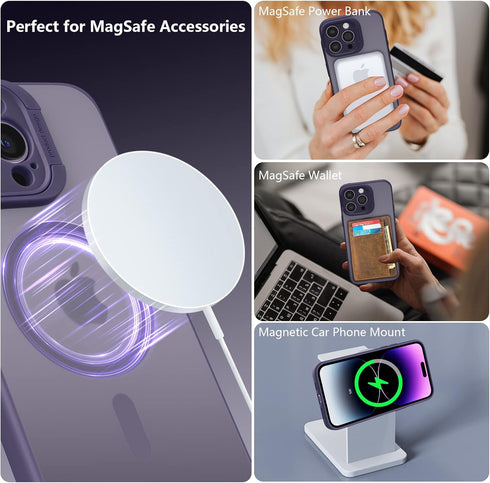Magnetic Case for iPhone 14 Pro with KickStand, Camera Guard, Military Grade Drop Tested, Translucent Matte Purple